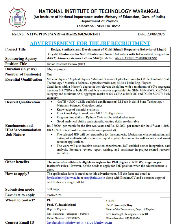 Junior Research Fellowship (JRF) Recruitment 2026 | National Institute of Technology Warangal (NIT Warangal)