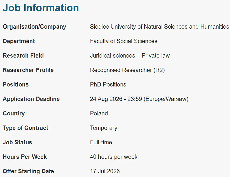 Siedlce University PhD Recruitment 2026 in Private Law
