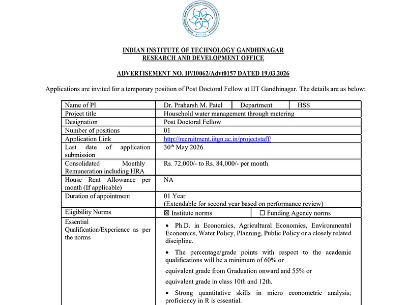  IIT Gandhinagar Post Doctoral Fellow Recruitment 2026 - Apply for Post Doctoral Fellow Position in HSS Department