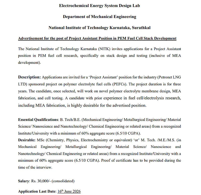 NIT Karnataka Recruitment 2026: Project Assistant Position in PEM Fuel Cell Stack Development