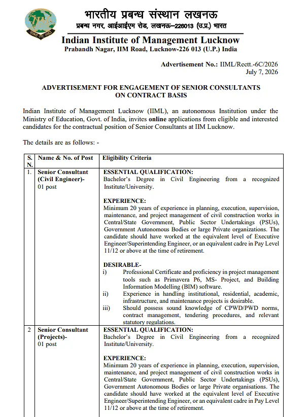 IIM Lucknow Recruitment 2026 | Senior Consultant (Civil Engineer & Projects) Positions