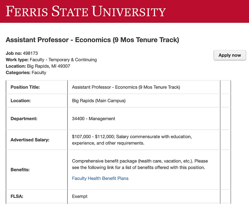  Assistant Professor – Economics – Ferris State University