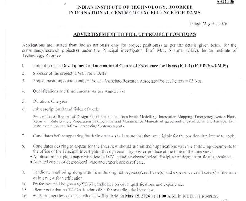 Indian Institute of Technology Roorkee Recruitment 2026  -  Project Positions 