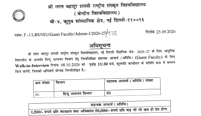 Guest Faculty Recruitment 2026 – Shri Lal Bahadur Shastri National Sanskrit University, New Delhi