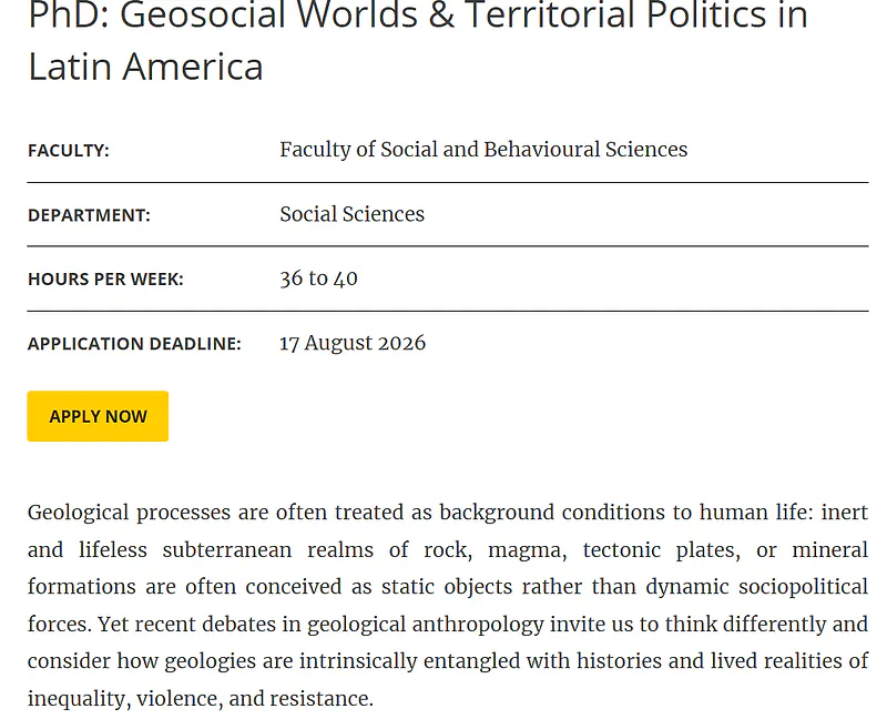 Fully Funded PhD Opportunity in Geosocial Worlds & Territorial Politics in Latin America