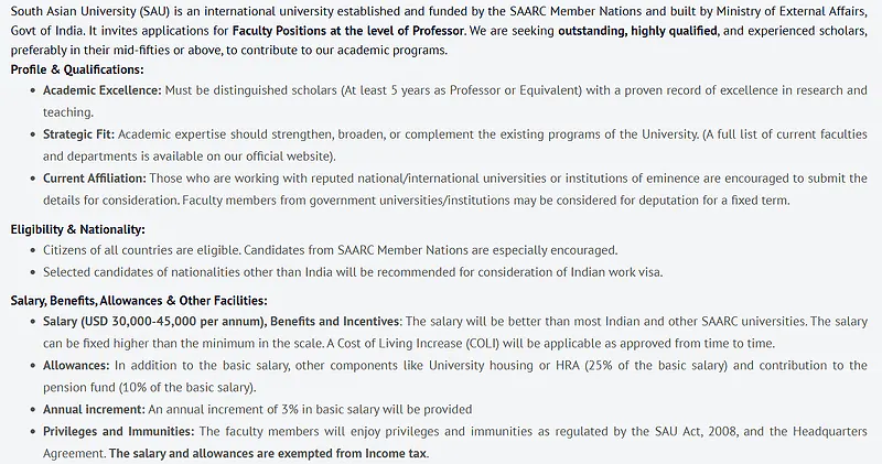 South Asian University Professor Recruitment