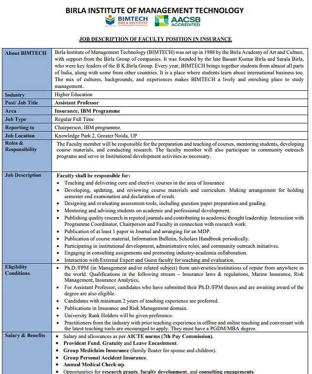 BIMTECH Faculty Recruitment: Assistant Professor in Insurance