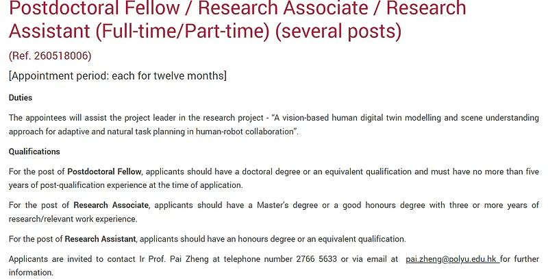 Postdoctoral Fellow / Research Associate / Research Assistant Recruitment 2026 at The Hong Kong Polytechnic University