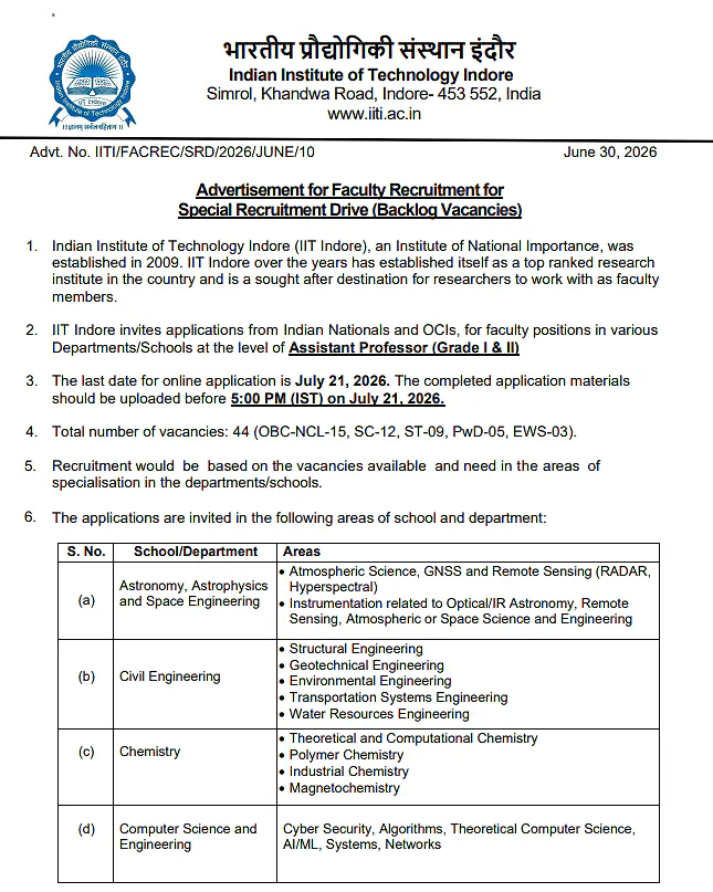 Assistant Professor Recruitment 2026 at IIT Indore (Special Recruitment Drive)