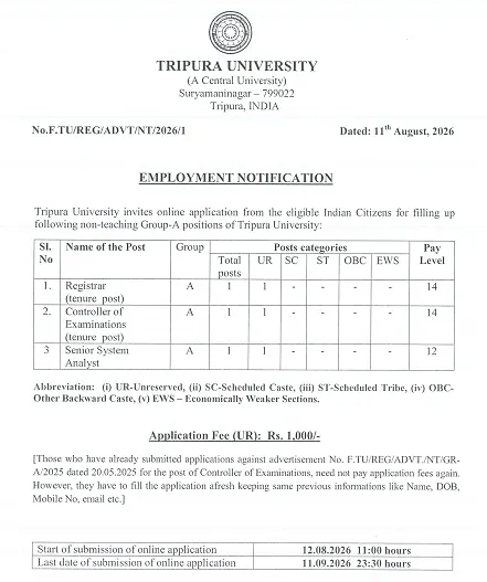 Tripura University Non-Teaching Recruitment 2026: Registrar, Controller of Examinations & Senior System Analyst