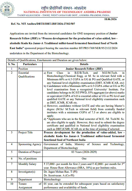 NIT Andhra Pradesh Invites Applications for Junior Research Fellow (JRF) under Ministry of Biotechnology Project