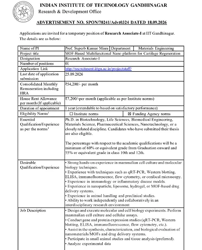 Research Associate-I Recruitment 2026 at IIT Gandhinagar – MOF-Based Cartilage Regeneration Research Project