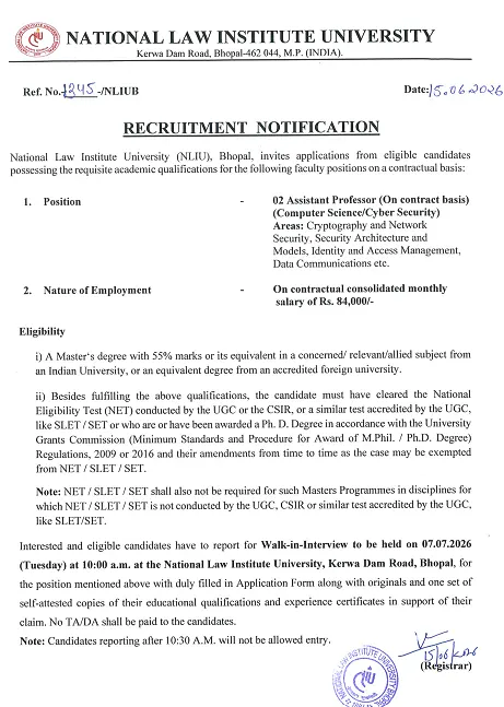 National Law Institute University Invites Applications for Assistant Professor 