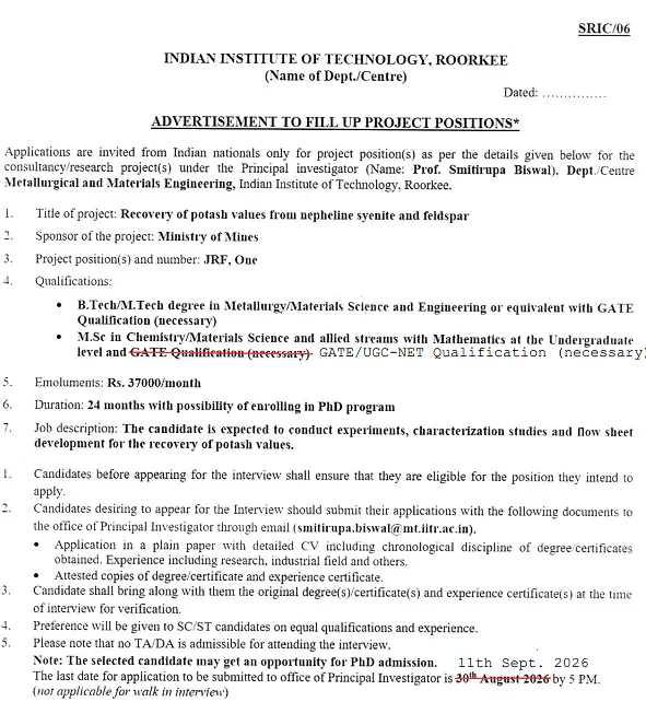 JRF Recruitment 2026 at IIT Roorkee | Apply by 11 September 2026