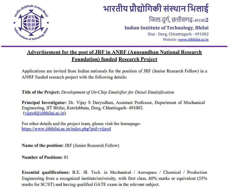 IIT Bhilai JRF Recruitment 2026