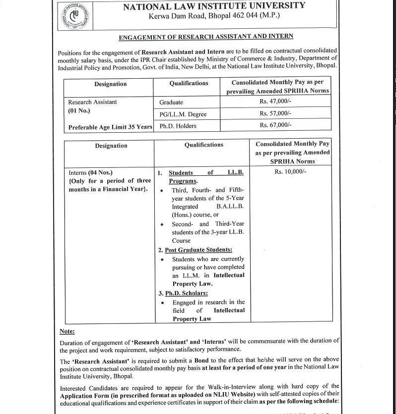 Research Assistant & Internship Recruitment 2026 – NLIU Bhopal