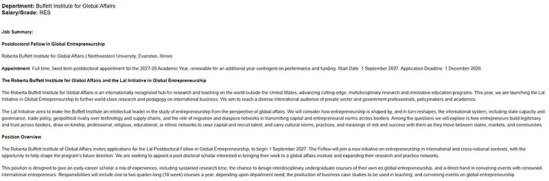 Postdoctoral Opportunity: Postdoctoral Fellow in Global Entrepreneurship – Northwestern University