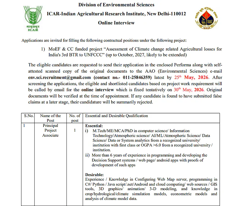  ICAR- Indian Agricultural Research Institute (IARI) Recruitment 2026