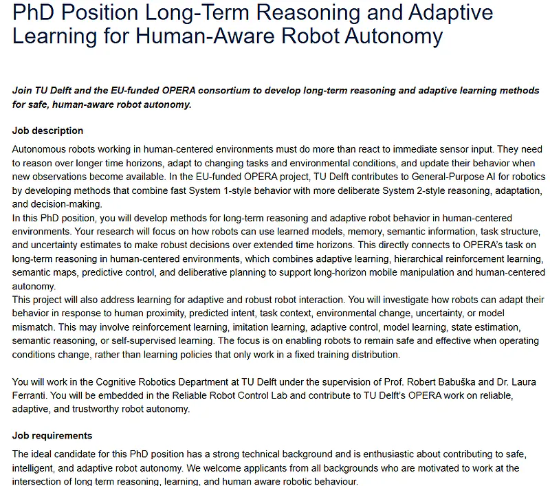 TU Delft PhD Position 2026: Long-Term Reasoning and Adaptive Learning for Human-Aware Robot Autonomy