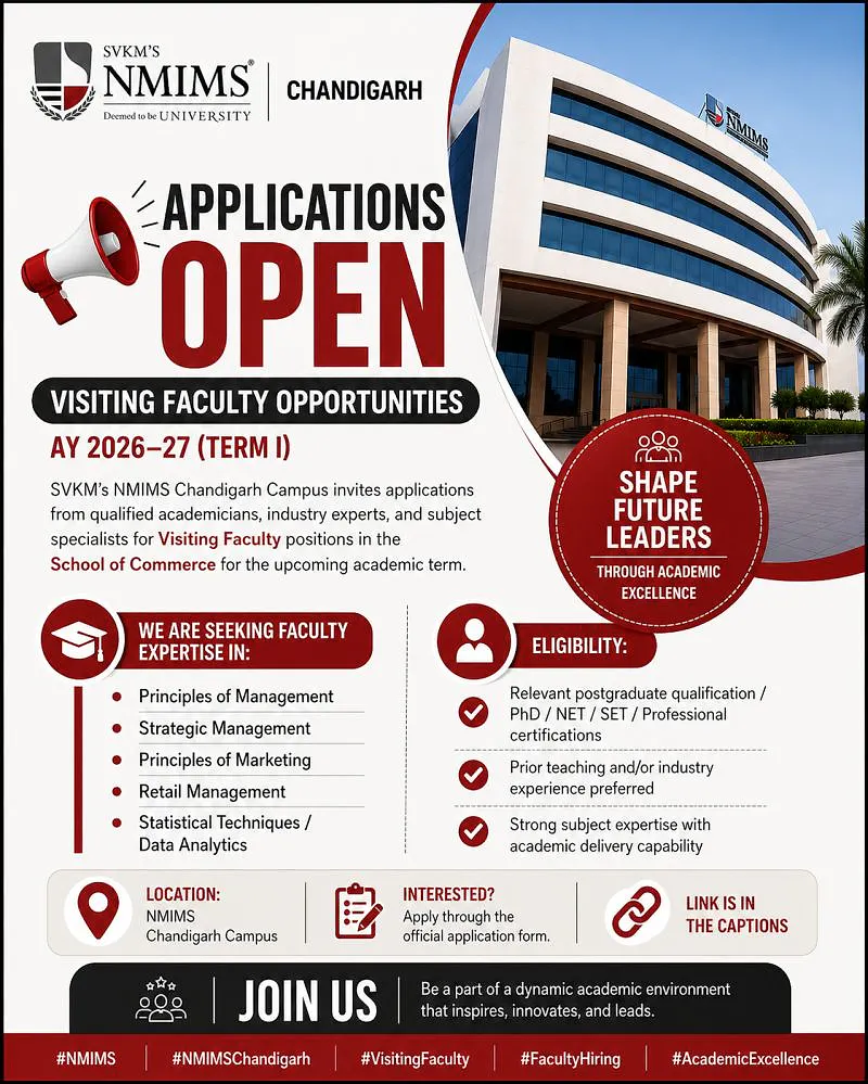 SVKM's NMIMS Chandigarh Campus Recruitment 2026: Visiting Faculty