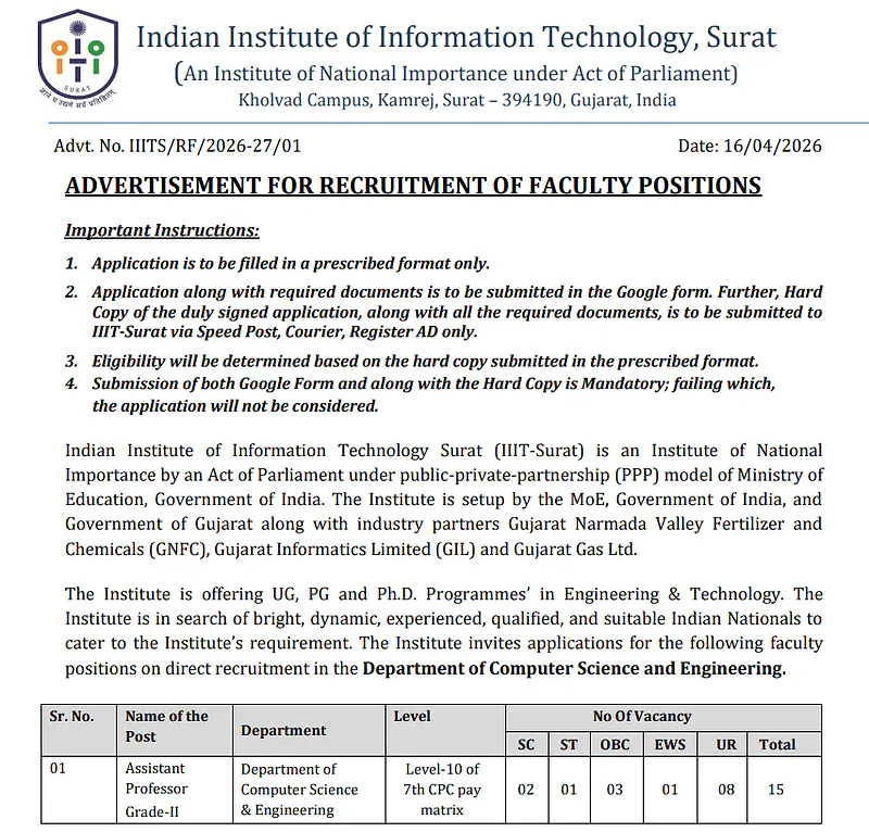 IIIT Surat Faculty Recruitment 2026 : Assistant Professor Grade-II