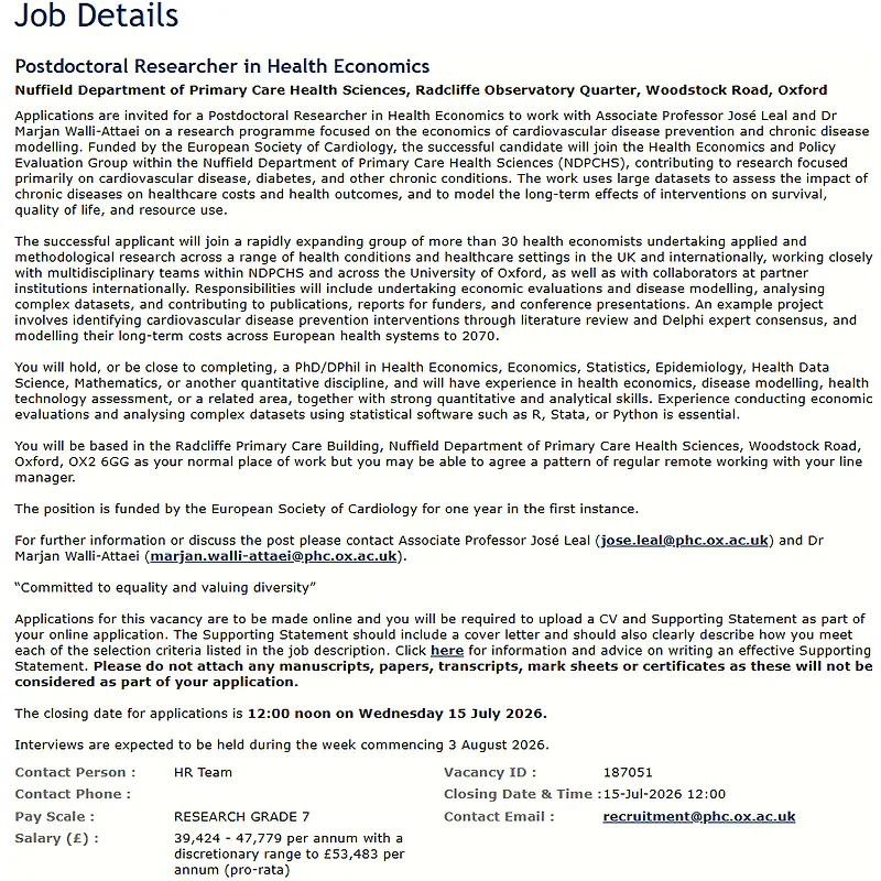 Postdoctoral Researcher in Health Economics Recruitment 2026 at the University of Oxford