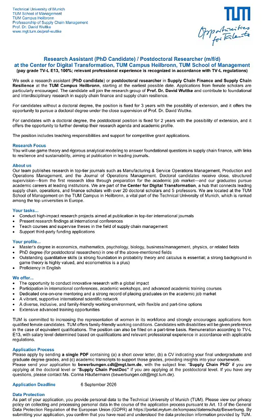 TUM Recruitment 2026: PhD Candidate and Postdoctoral Researcher in Supply Chain Management