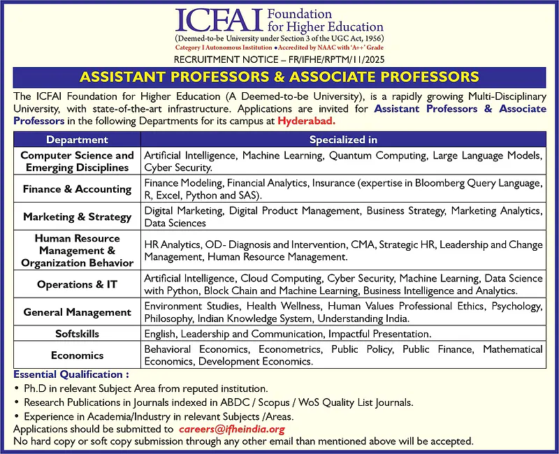 Faculty Recruitment 2025 ICFAI Hyderabad Campus