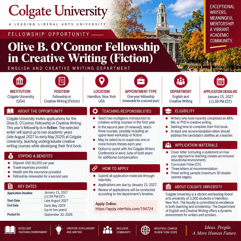 Olive B. O’Connor Fellowship in Creative Writing (Fiction) – Colgate University