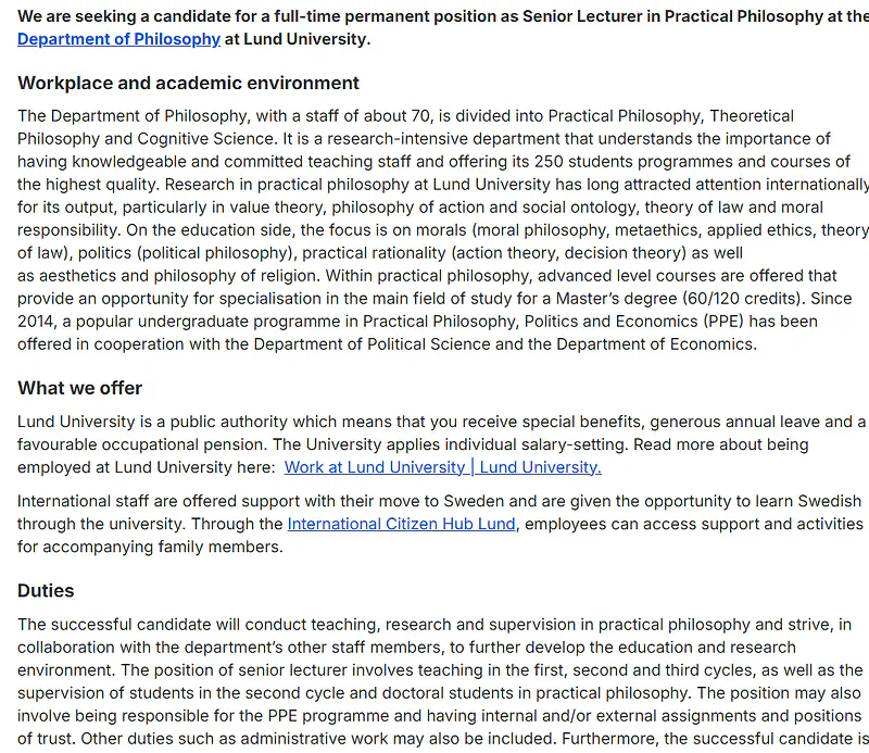 Lund University Recruitment 2026: Apply for Senior Lecturer Position in Practical Philosophy