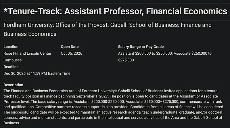 Faculty Opportunity: Assistant / Associate Professor in Financial Economics – Fordham University