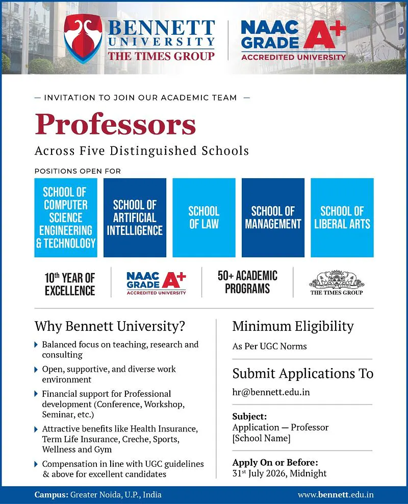 Bennett University Invites Applications for Professor Positions Across Five Schools