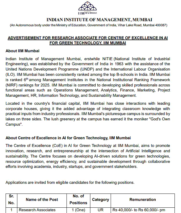 IIM Mumbai Research Associate Recruitment 2026 – Centre of Excellence in AI for Green Technology