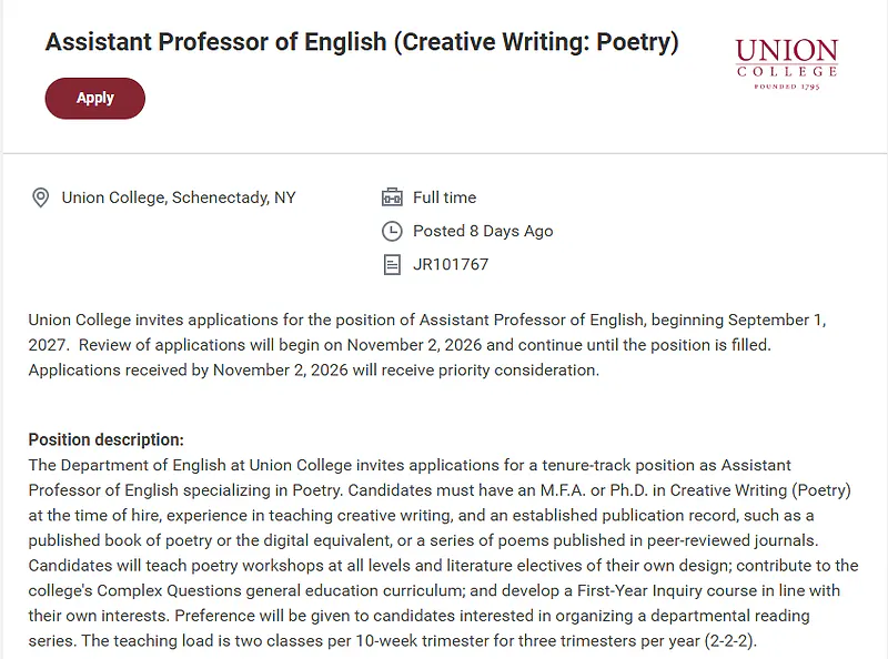 Assistant Professor of English – Creative Writing (Poetry) – Union College
