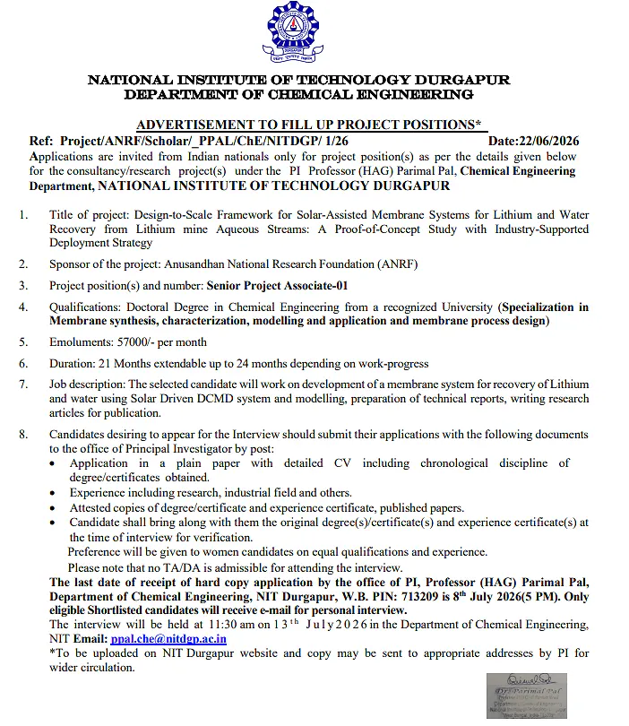 Senior Project Associate-I Recruitment 2026 | National Institute of Technology Durgapur (NIT Durgapur)