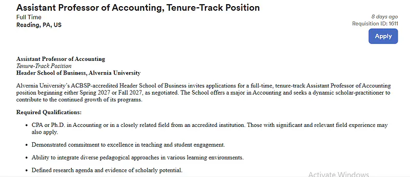 Tenure-Track Assistant Professors (Accounting & Management) – Alvernia University