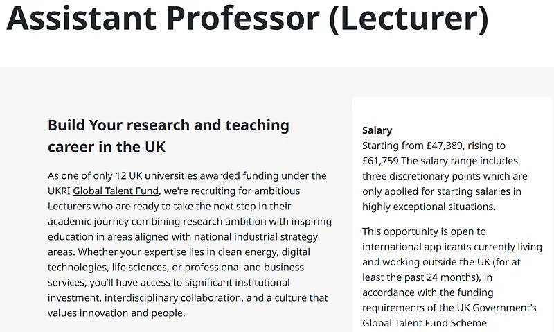 Assistant Professor (Lecturer) Recruitment in the UK
