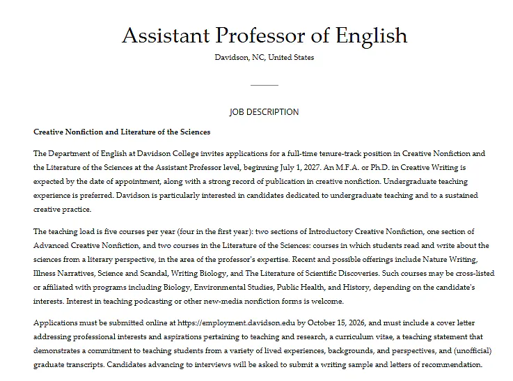Assistant Professor of English – Davidson College