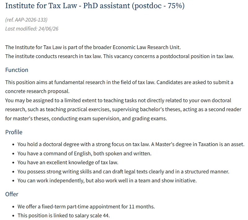 KU Leuven Recruitment 2026: PhD Assistant (Postdoctoral – 75%) in Tax Law | Applications Open