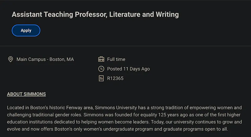 Faculty Opportunity: Assistant Teaching Professor, Literature and Writing – Simmons University
