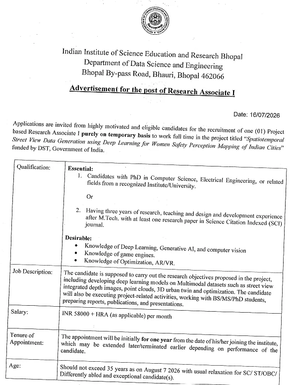 IISER Bhopal Research Associate-I Recruitment 2026