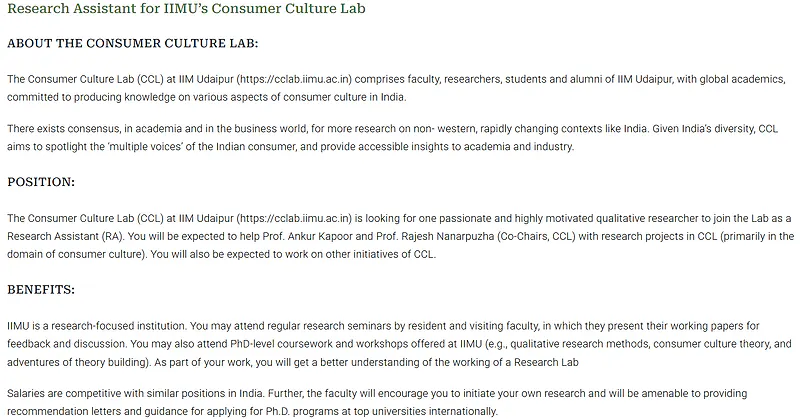 Research Assistant Recruitment 2026 at IIM Udaipur – Consumer Culture Lab