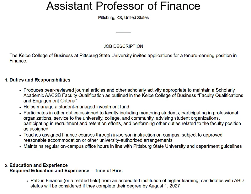Faculty Opportunity: Assistant Professor of Finance – Pittsburg State University