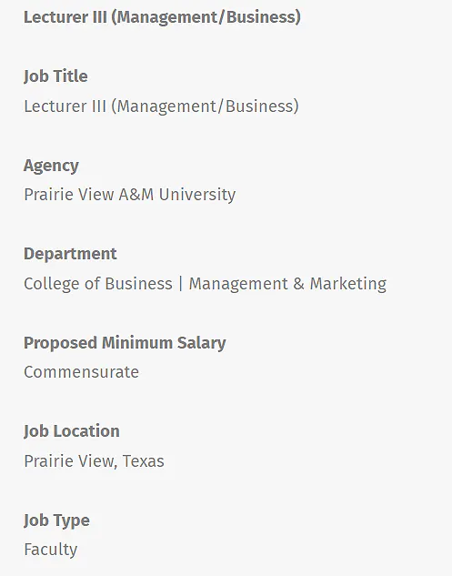 Prairie View A&M University Hiring Lecturer III in Management