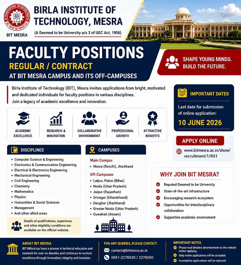 Faculty Positions Open: BIT Mesra – Regular / Contract