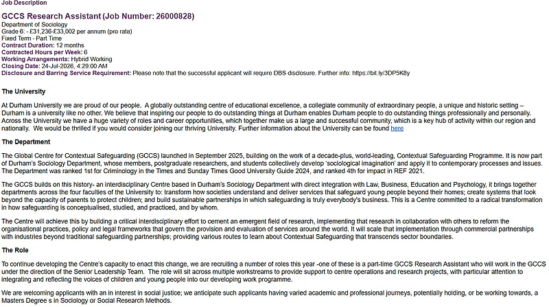 Durham University Recruitment 2026 | GCCS Research Assistant (Part-Time) | Department of Sociology