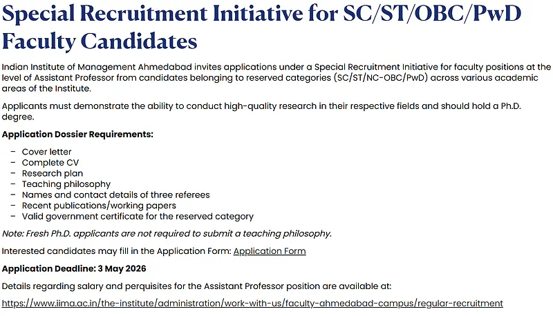 Special Recruitment Initiative 2026 at Indian Institute of Management Ahmedabad (SC/ST/OBC/PwD Faculty Positions)