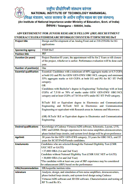 NIT Warangal JRF Recruitment for 6G Analog Front-End Project