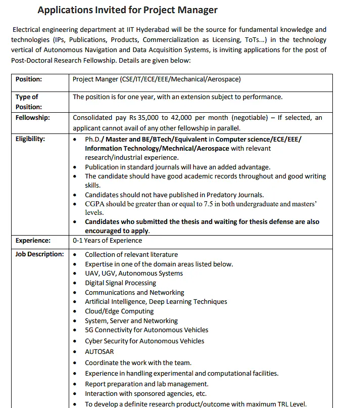  IIT Hyderabad Project Manager Recruitment 2026