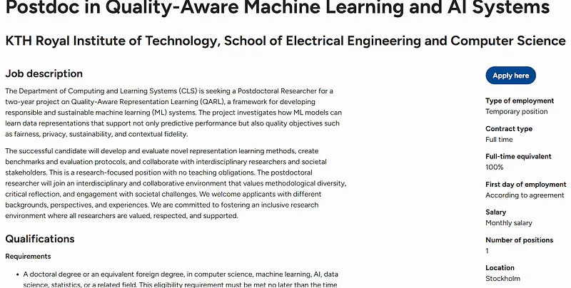 KTH Royal Institute of Technology Recruitment 2026: Postdoctoral Researcher in Quality-Aware Machine Learning and AI Systems